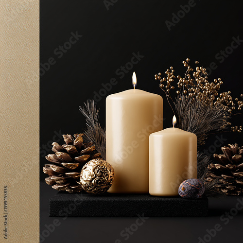Festive Golden Decorations with Candles on Elegant Dark Background made with generative AI