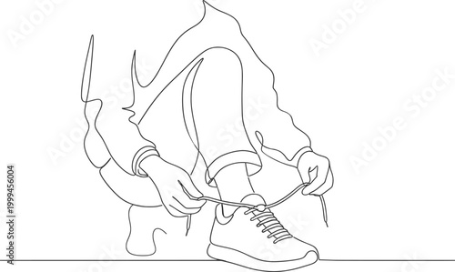 Minimal One Line Drawing Person Tying Shoelaces Sneaker Outline Illustration.