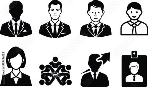 Black and white icon set people business communication and identity representation