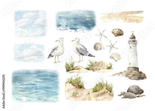 A seaside set of watercolor illustrations. Seascape elements. Seagulls, a lighthouse, rocks, sand, shells, grass, sky, clouds, and seawater isolated on a white background.