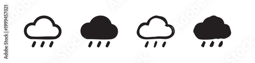 Rain cloud icons for weather forecasting and meteorology in hand-drawn line and solid doodle style
