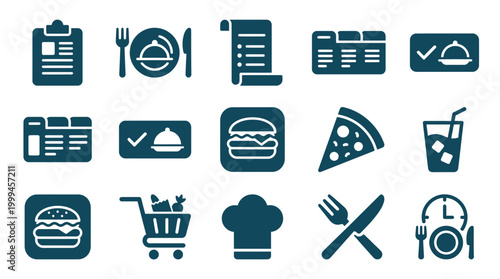 Set of dark blue restaurant and food service icons.
