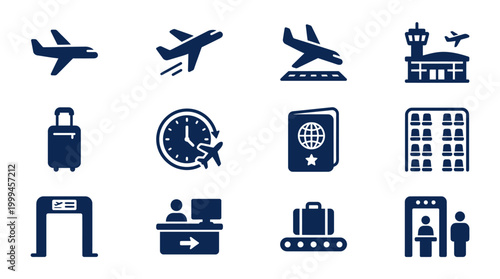 Airport travel icons and symbols.
