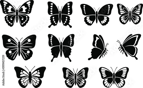 Collection of black silhouette butterflies a diverse array of wing patterns and shapes