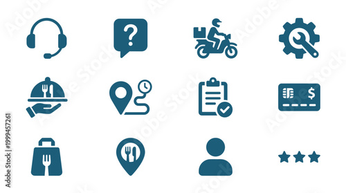 Set of flat blue food delivery and service icons.