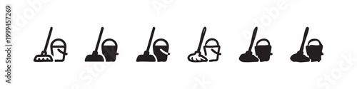 Cleaning service icons featuring broom and bucket for hygiene themes