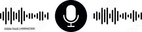 Voice message waveform with microphone icon, audio recording interface, sound wave illustration, podcast and voice chat concept.
