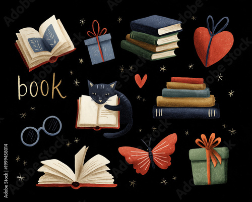 Literary Theme Illustration Set with Books, Cats, Butterflies and Reading Elements, Flat Design Collage with Stickers, Stars and Gift Wrapped Books on Black Background