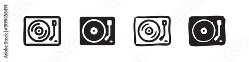 Turntable record player icon set in various styles, vector music and dj symbol
