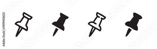 Push pin or thumbtack office supply icons in outline and solid, regular and doodle styles.