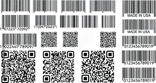 Barcode and QR Code Collection with Product Labels in Flat Style, Scannable Codes for Retail, Inventory, Packaging, Tracking and Digital Technology Vector Illustration