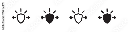 Shield with spreading arrows icon set in various styles. Protection, security, defense, and safety symbols, vector.