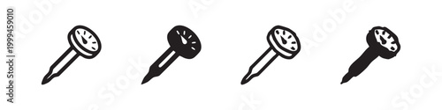 Thumbtack or pushpin icon set. Office, stationery, and memo board symbol in outline and solid styles for notes.