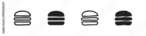 Hamburger icon set. Fast food and meal symbol in outline and solid styles, perfect for restaurant menus.