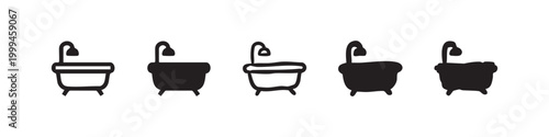 Bathtub with shower icon set. Bathroom fixture for bathing and relaxation in various styles.