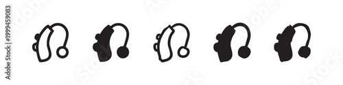 Hearing aid device icons set. Medical equipment for hearing improvement in various styles.