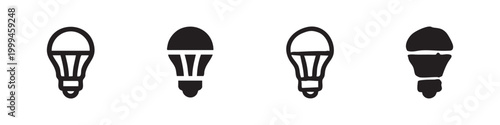 LED light bulb icon set. Energy saving and illumination symbol collection with line and filled styles.
