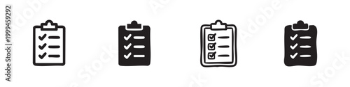 Clipboard checklist icon set. Task list, to-do, and project management symbol in various styles.