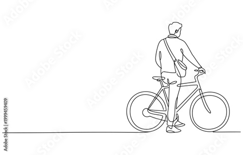 Single line drawing of a man with a bicycle and messenger bag, he wears shoulder bag and stands against clean white background, the artwork is characterized by continuous line drawing