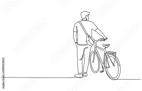 Man holding a bicycle seen from the back minimalist line art illustration he is holding the handlebars and has a messenger bag over his shoulder image is clean vector illustration