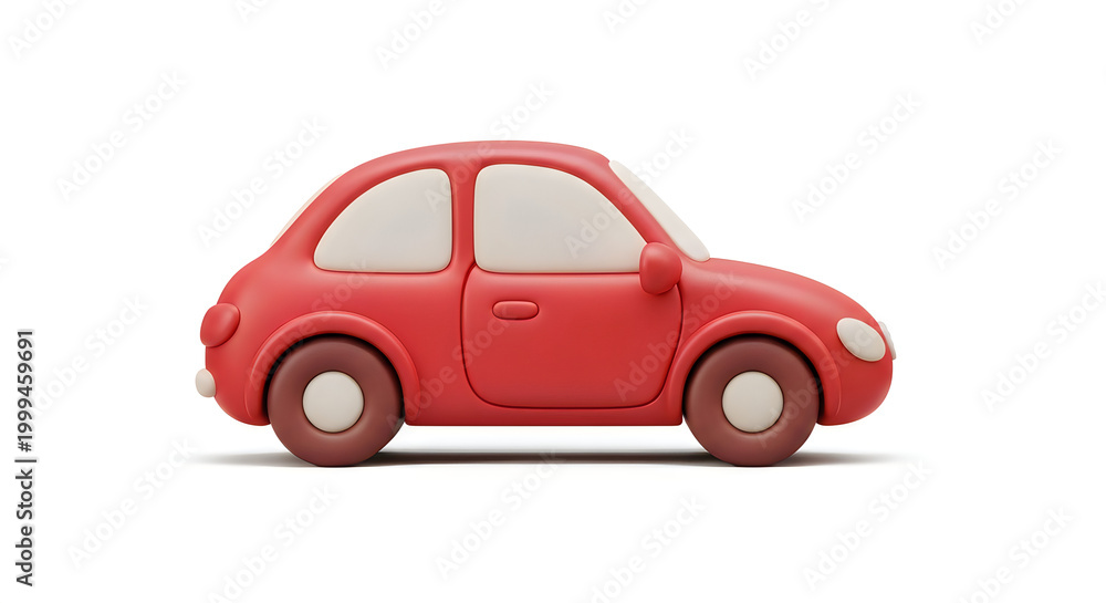 Fototapeta premium Claymorphism Red Car Icon, Cute 3D Cartoon Vehicle Illustration, Minimal Soft UI Style, Isolated on White Background