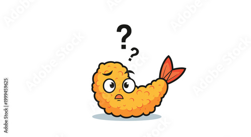 Golden fried shrimp tempura character looking extremely confused with black question marks appearing above its head on white.