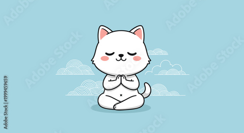 Cute white cat character sitting in a peaceful zen meditation position among stylized clouds on a soft blue background.