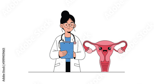 Female medical professional standing beside a happy and healthy uterus character to promote reproductive health and gynecology.
