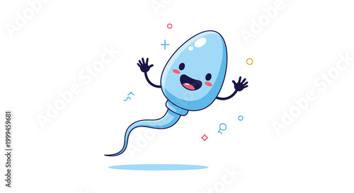 Joyful little blue sperm cell character with a happy face and waving arms swimming around on a plain white background.