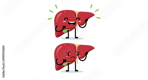 Comparison between a happy healthy liver character and a sad diseased liver character showing the impact of health choices.