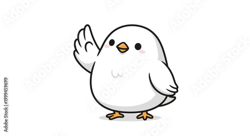 Adorable little white bird character with orange beak and feet waving its wing in a friendly greeting on white background.