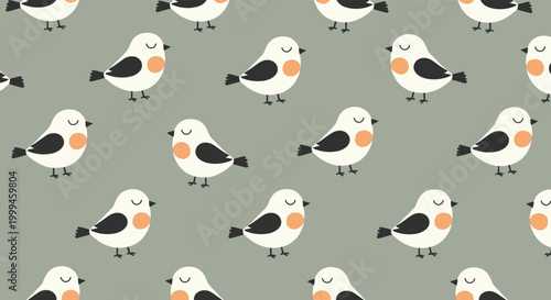 Seamless pattern of small white and black birds with peach-colored bellies resting on a calming sage green background.
