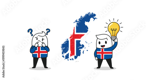 Two icelandic flag characters with one confused and one having a bright idea next to the map of the country island.