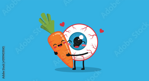 Cute eyeball character hugging a happy orange carrot representing the health benefits of vitamin A for vision.