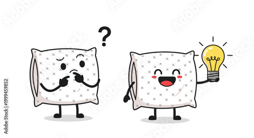 One confused pillow character next to another happy pillow character holding a glowing lightbulb for a bright idea.