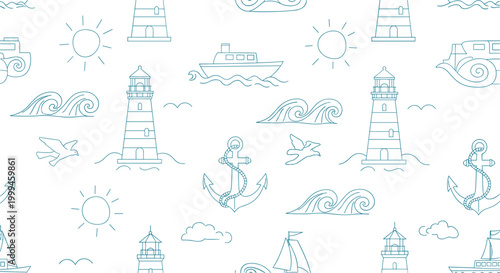 Simple nautical themed seamless pattern with lighthouses anchors ships waves birds and suns in teal outline style.