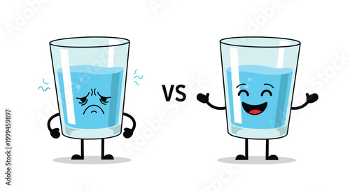 Sad shivering glass of water character compared to a happy cheering glass of water character in a versus battle.