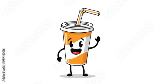 Friendly orange and white soda cup character with a straw waves happily in this cheerful cartoon illustration for kids.