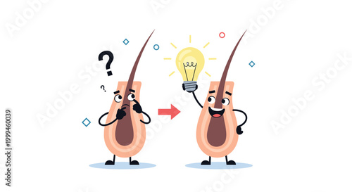 Illustration of a hair follicle character going from a state of confusion to having a bright idea with a glowing lightbulb.