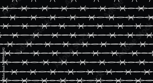 Seamless pattern of white barbed wire lines on a solid black background creates a sharp and protective industrial texture.