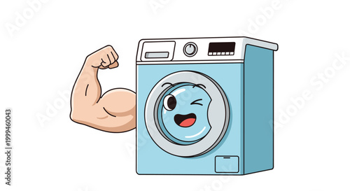 Muscular blue washing machine character winks while flexing its arm to symbolize strong appliance performance and power.