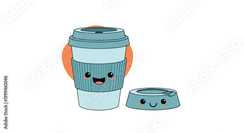 Cute coffee cup character with a smiling face stands next to its separate lid on a simple white background with a shadow.