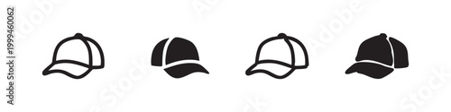 Baseball cap icon set in various styles, including hand-drawn, for headwear and sports.