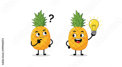 Two pineapple characters illustrate the problem-solving process with one being confused and the other having a bright idea.