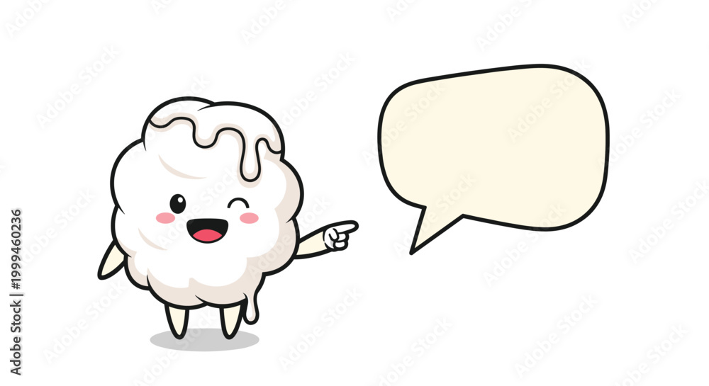Obraz premium Sweet white pastry or cloud character with a smiling face points toward an empty speech bubble on a white background.