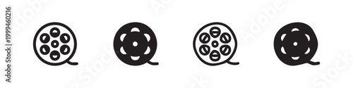Set of four film reel icons, representing cinema and media on white