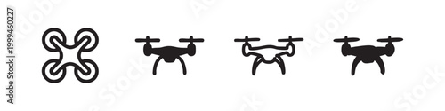 Set of four drone icons, quadcopter symbols in different styles on white