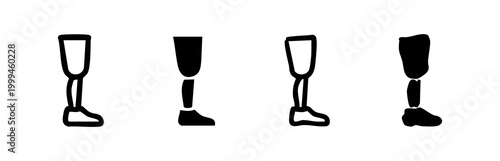 Set of four prosthetic leg icons, artificial limbs on white background