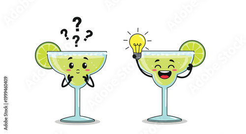 Two margarita glass characters with lime wedges illustrate problem-solving with one thinking and the other having an idea.
