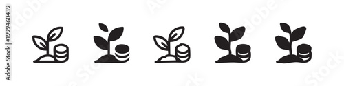Five seedling or sprout icons growing from coins, in various styles
